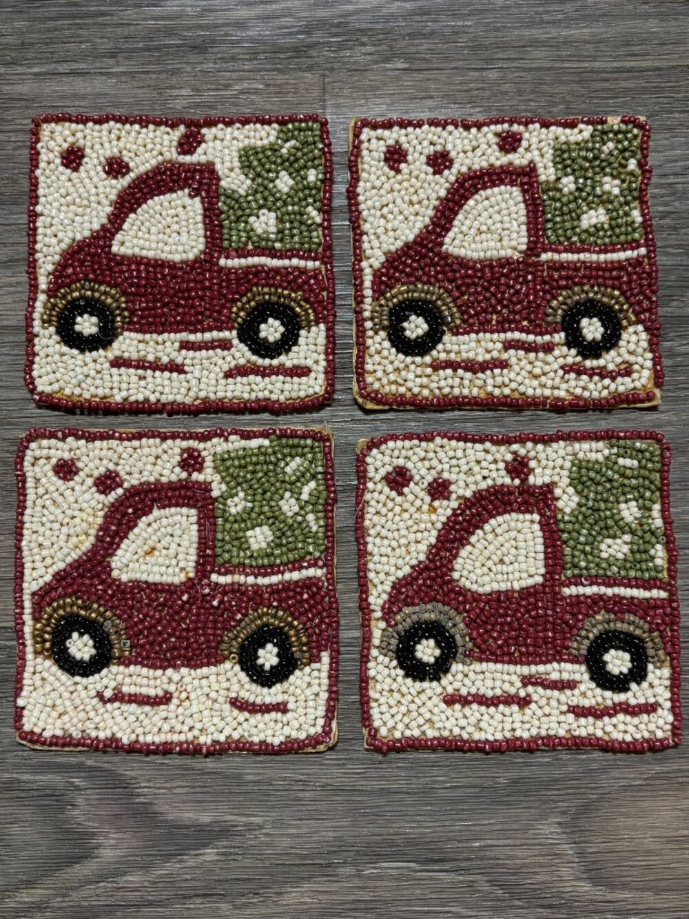 Pier One Imports Beaded Christmas Truck Coasters Set of 4 Holiday Decor